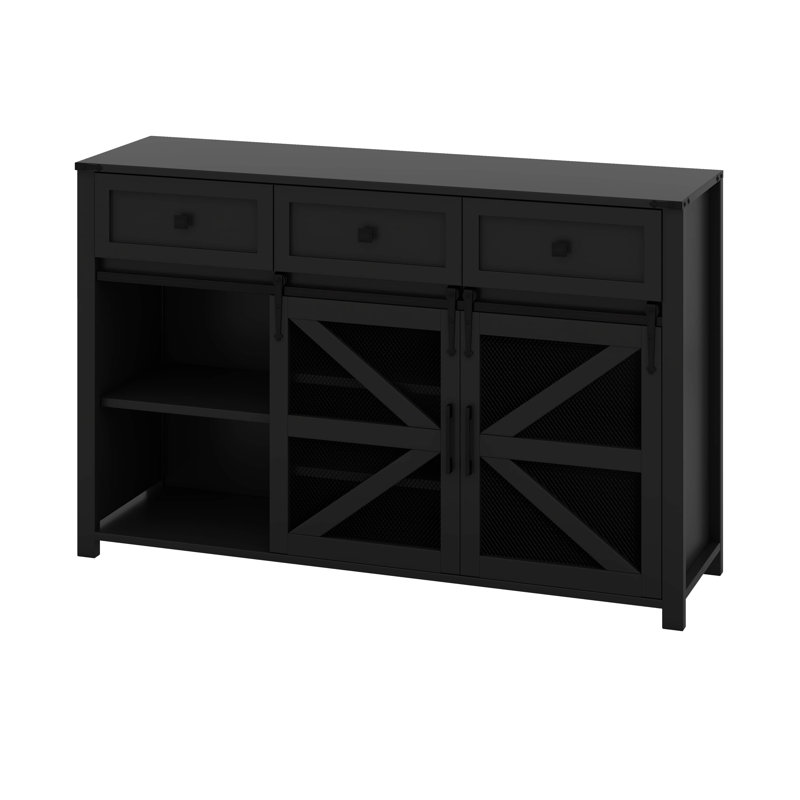 Sliding Barn Door Sideboard Buffet Cabinet With 3 Drawers, Adjustable Shelves, Black
