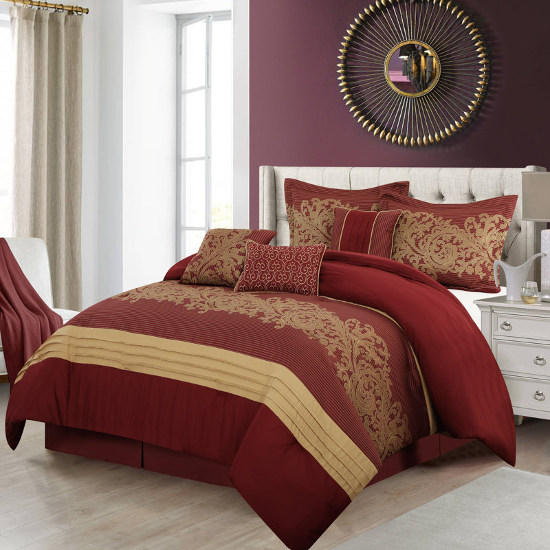 Ensemble d'édredon en jacquard 7 pièces Margret, Édredon de grande taille et 6 pièces supplément, Rouge / doré