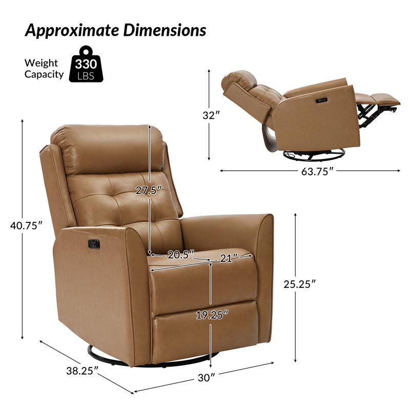Fauteuil inclinable électrique pivotant en cuir véritable Creal avec ports USB (ensemble de 2), Chameau