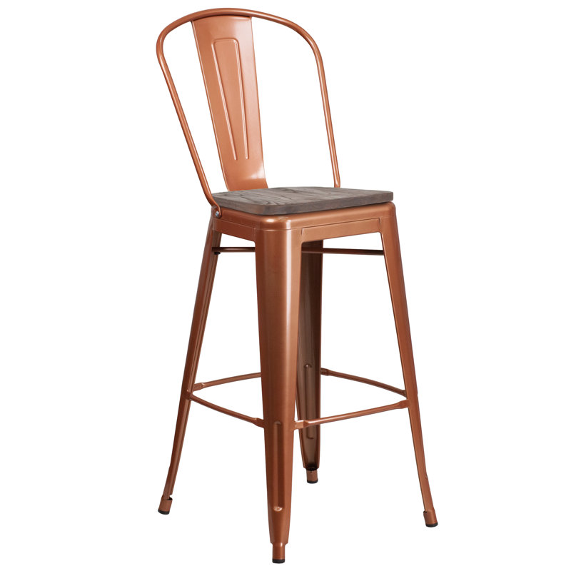 Tabouret de bar ou de comptoir en métal Marian avec dossier et siège en bois Marian, Connecteurs, 1