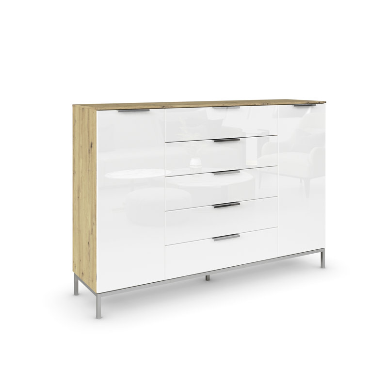 5 - Drawer Chest of Drawers, Oak/White Glass/Chrome