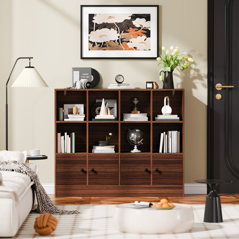 40" H 12 Cube Bookcase with 4 Doors and Adjustable Shelves, Brown