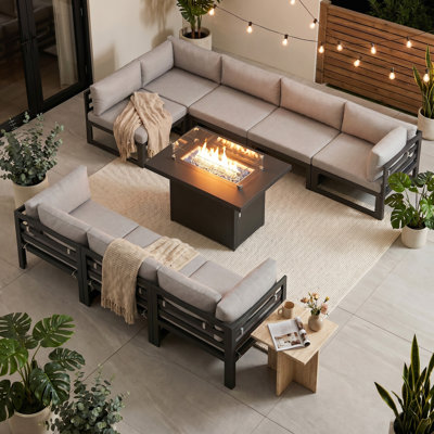 Ensemble de conversation modulaire d'extérieur en aluminium pour 8 personnes avec table de foyer et coussins Anevaeh