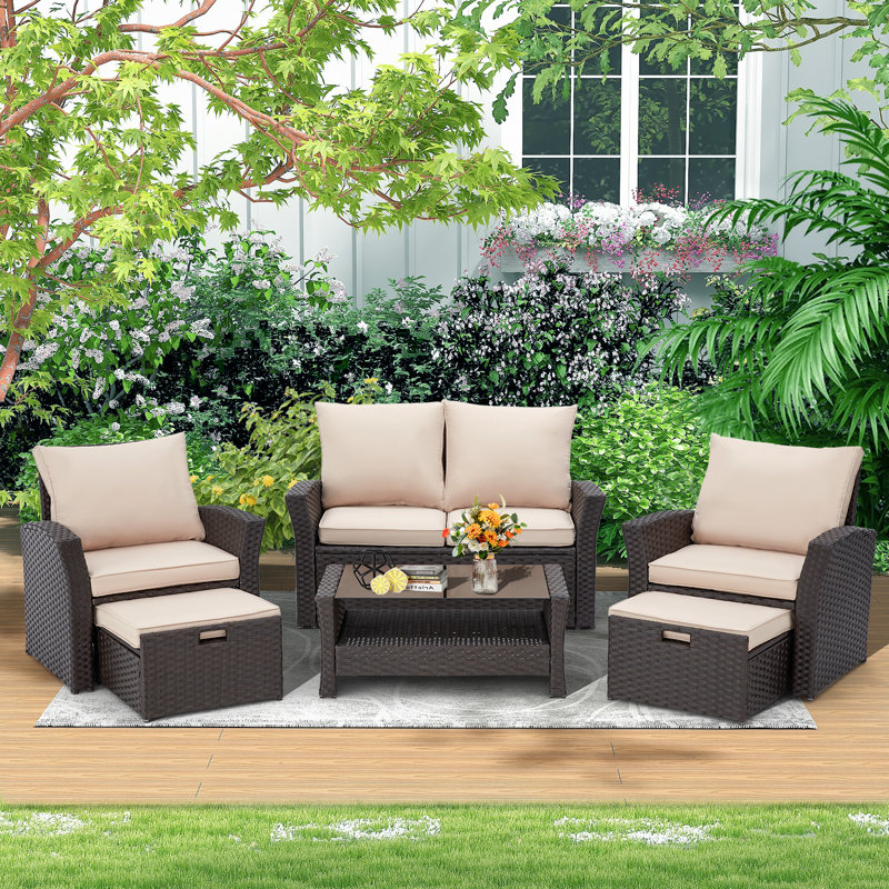 7 - Person Patio Conversation Set with Cushions, Khaki/Brown