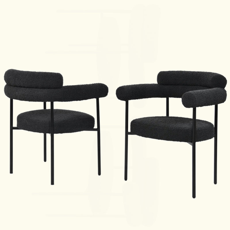 Ensemble de 2 chaises de cuisine en tissu avec accoudoirs et fauteuil rembourré Boucle, Noir, Noir