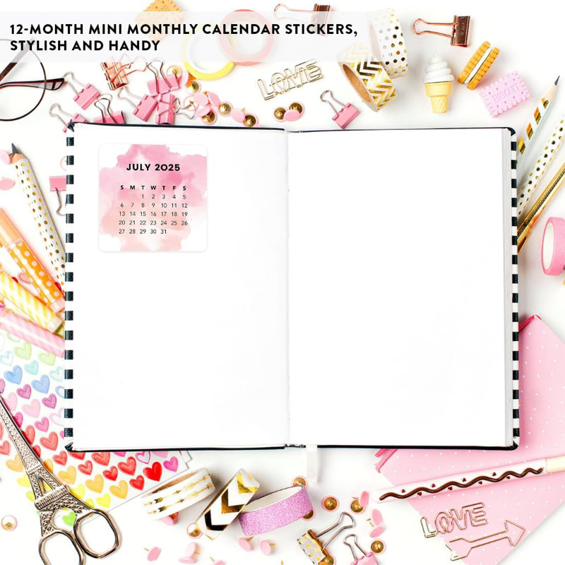 Planificateur mensuel aquarelle rose corail, plan d'étiquettes carré 2025, paquet de 40