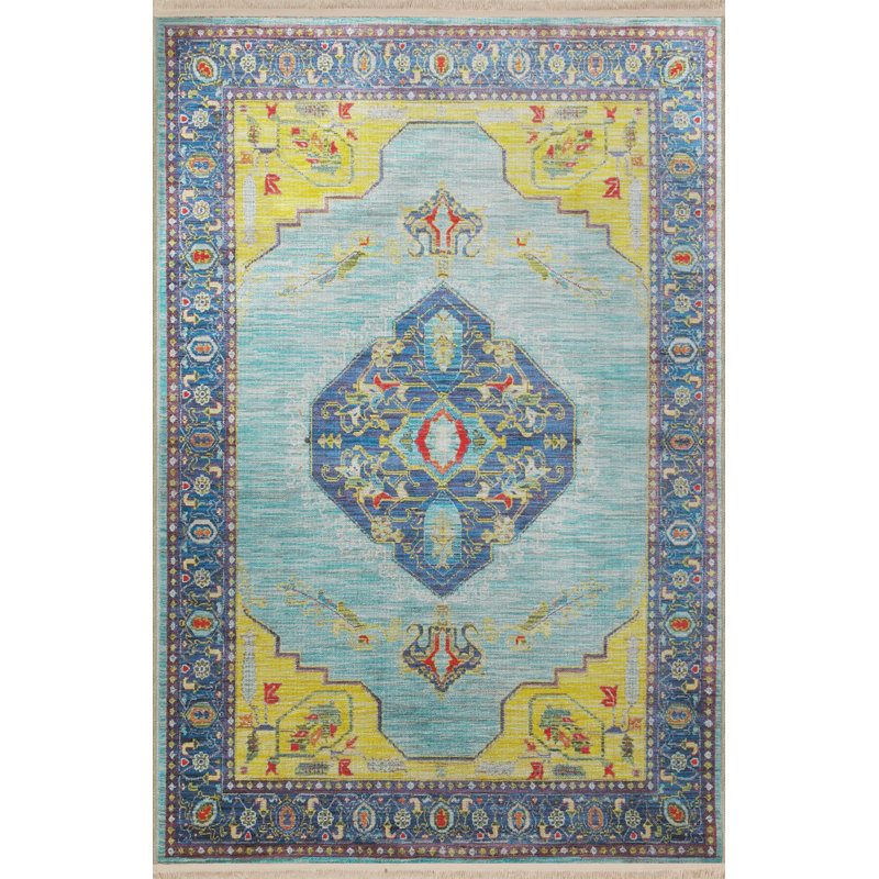Tapis bleu / jaune à motifs traditionnels, Rectangle 5 pi 1,02 po x 7 pi 6,55 po