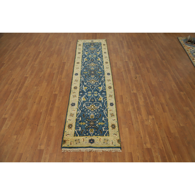 Tapis de couloir en laine fait à la main bleu Oushak 2 x 10