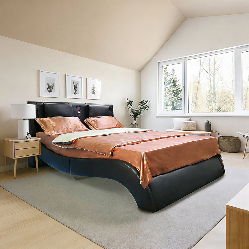 Structure de lit tapissier en similicuir avec éclairage DEL, connexion Bluetooth, massage par vibration du dossier, Noir