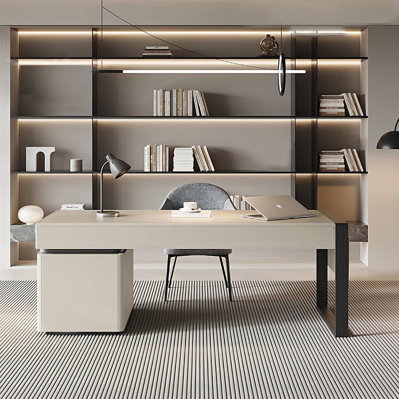 Bureau moderne en cuir blanc cassé de qualité supérieure, H 29,92 po x l 78,74 po x P 27,56 po