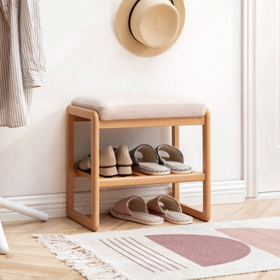 Banc à chaussures en bois massif naturel, organisateur de rangement en bois de hêtre avec coussin éponge à rebond élevé