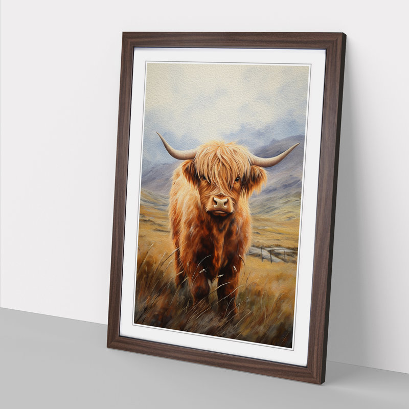 Highland Cow Realism - Single Picture Frame Print on Wood, Walnut, 64cm H x 46cm W x 2cm D