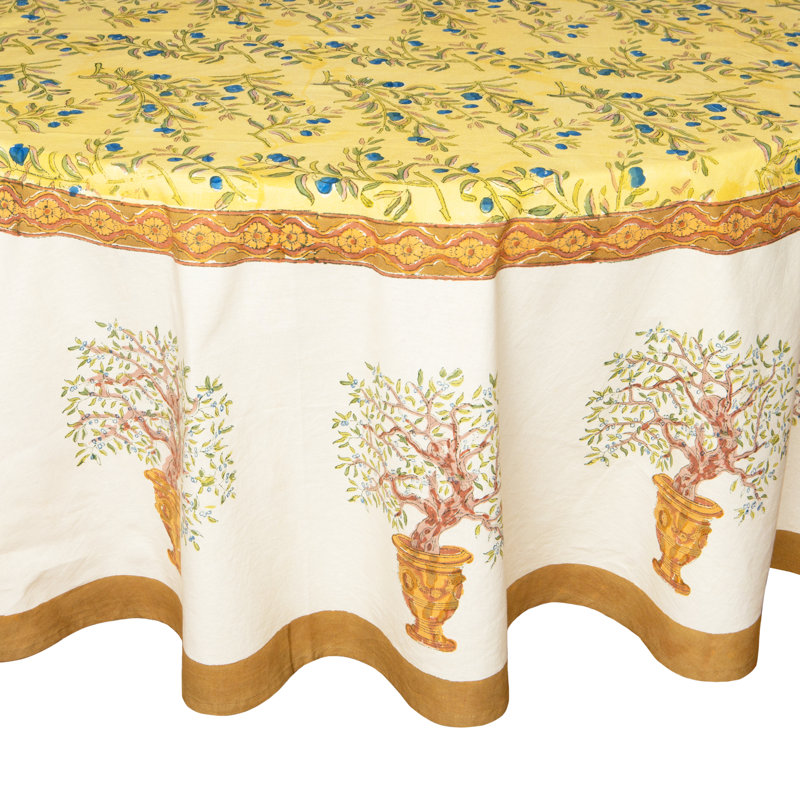 Dyess Handmade Floral Tablecloth, 90" Round, Gold-Blue