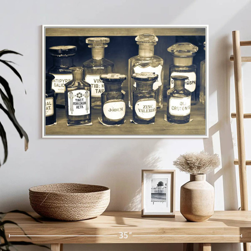 Bouteilles de pharmacie rétro, Cadre flottant blanc, 25 po x 17 po