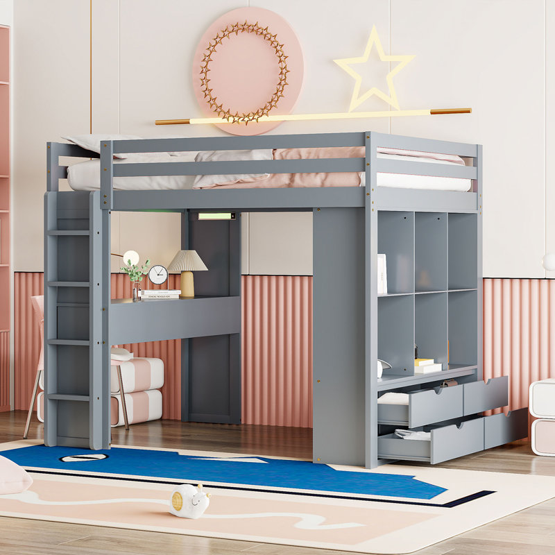 Leda Storage Loft Bed with Desk, Bookcase and LED Lights, Gray, Full