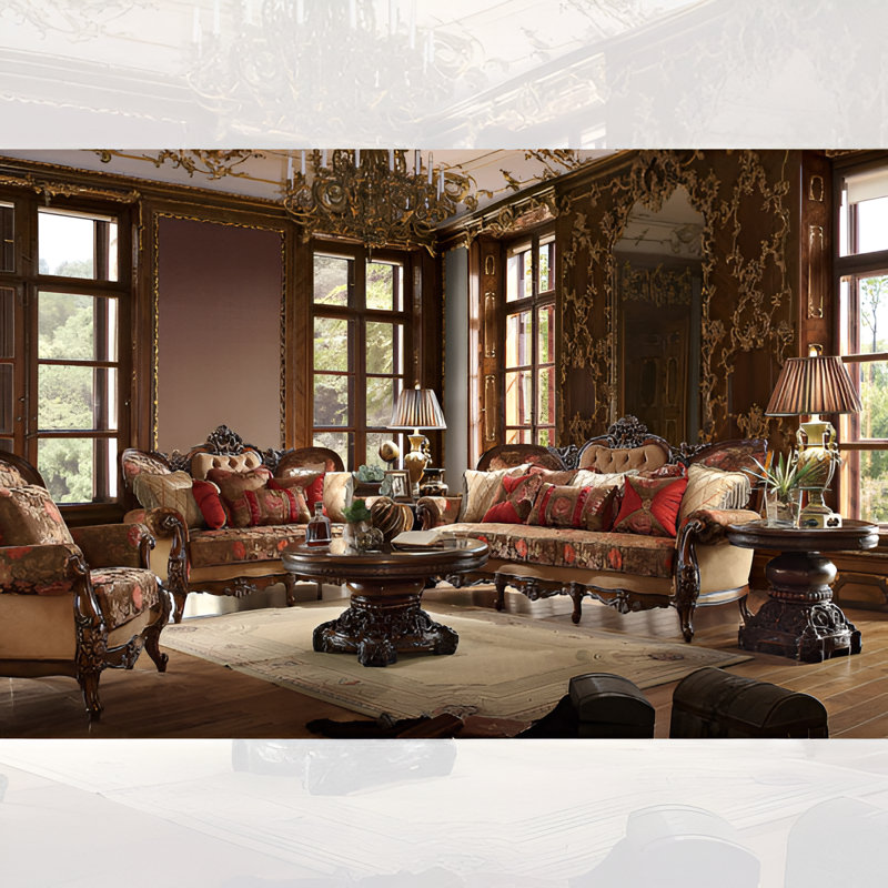 Dark Oak Floral Print Chair with Carved Wood Trim