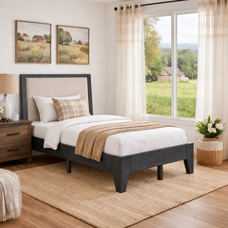 Modern Solid Pine Platform Twin Bed Frame, Twin, Black Wash
