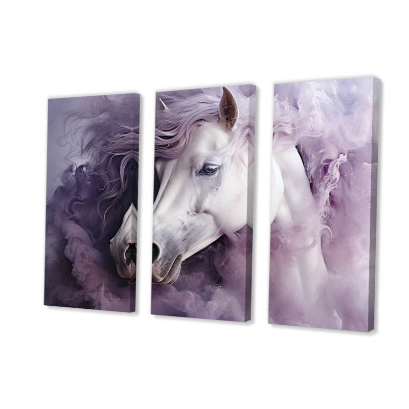 Cheval mauve blanc éthéré 3 pièces, H 28 po x l 36 po x P 1 po