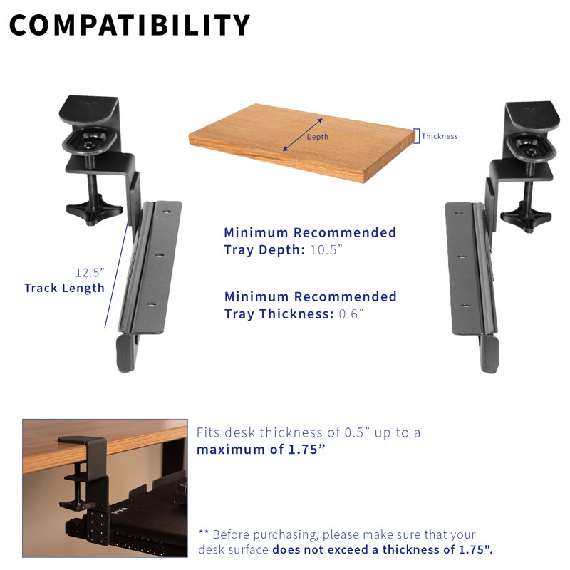 Black Adjustable Under-Desk Keyboard Tray Rail Set
