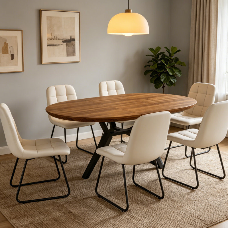 Ensemble de table de salle à manger extensible 43,2 "-59.1" Clanton, table de cuisine ronde Mid-Century, Brun, Blanc