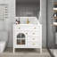 Meuble-lavabo sur pied blanc, en verre, avec éclairage automatique à détecteur de mouvement, tiroir à couvercle rabattable, lavabo intégré, meuble de salle de bain haut de gamme, étagères réglables et éclairage intégré.