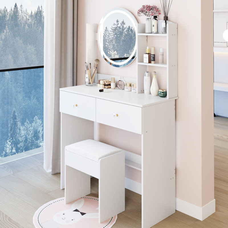 17" Round Led Vanity Table, Touch Switch, 3 - Color , Soft Cushioned Stool, Multi Layer Storage, Small Living Spaces, American Style, White Dressing Mirror Cushion Large Desktop, High Capacity