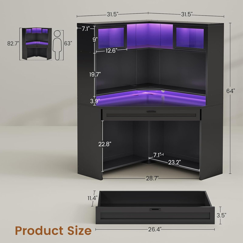 31.5" Corner Desk with Drawers, Small Computer Desk with Storage Shelves and Hutch, Gaming Desk with LED Lights and Power Strip for Home Office, Black