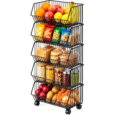 5 Tier Storage Pantry Cart, Multi-Use Rolling Shelving Unit for Kitchen