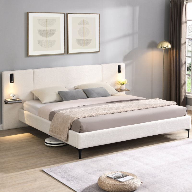 White Boucle Fabric King Bed With Integrated Lights And Convenient Shelves Upholstered Reading Shelving For Bedroom Layout