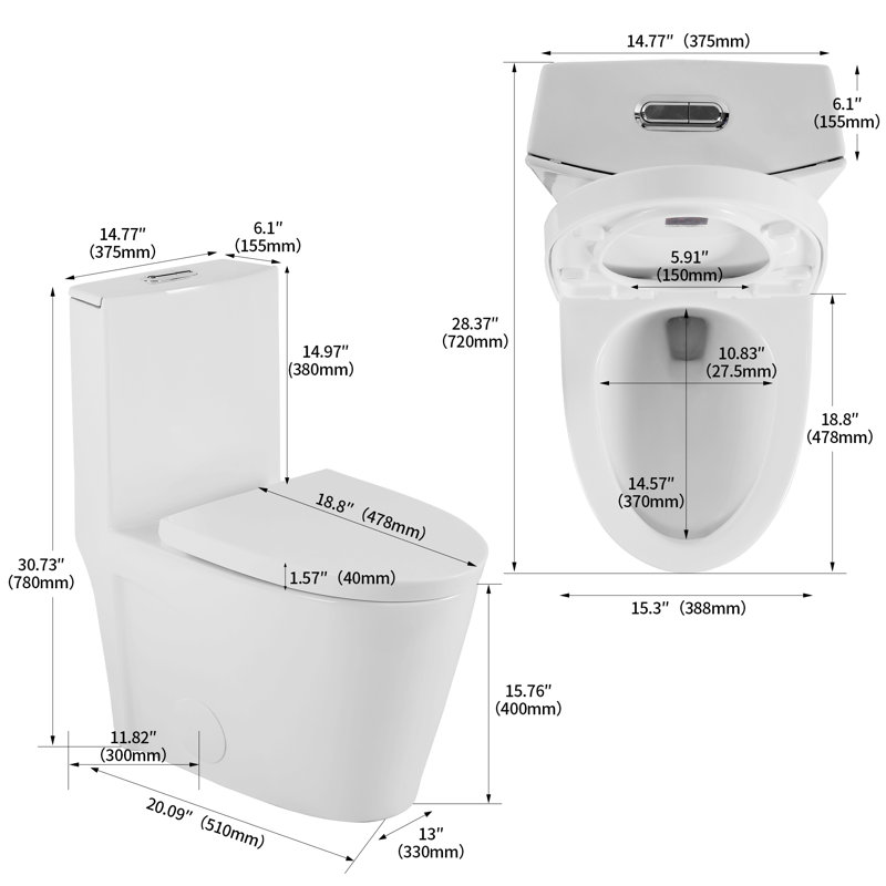 Bothwa Home 30.3"H Antimicrobial Ceramic 1.1/1.6 GPF Elongated Comfort Height Floor Mounted One-Piece Toilet, Soft Seat Close, Stain Resistant, Scratch Resistant, Leak Resistant