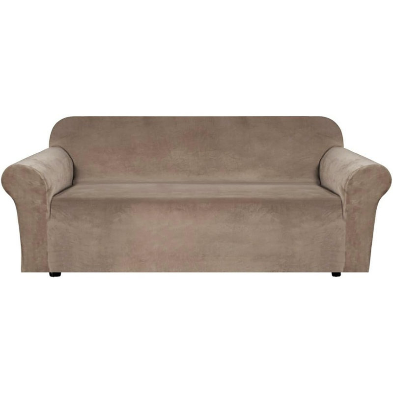 Housse de canapé en velours extensible pour canapé à 3 coussins, housse en velours épais et doux avec fond élastique antidérapant, brun clair