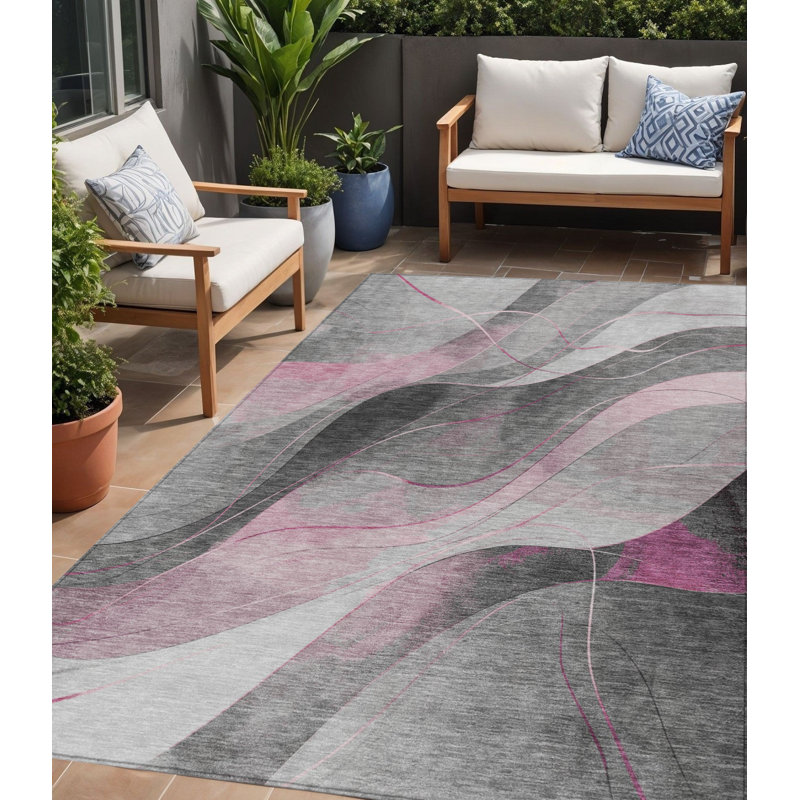 Tapis d'extérieur lavable abstrait gris et argent 5 pi x 8 pi rose