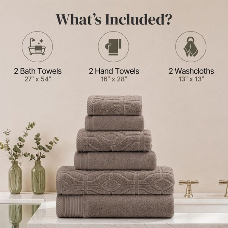 Modern Threads 6 Piece Set, 2 Bath Towels, 2 Hand Towels, 2 Washcloths, Diamond Gate Jacquard/Solid Towel Set, Taupe