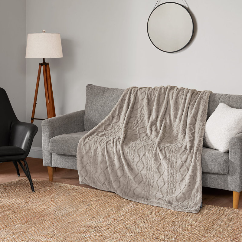 Tan Embossed Cable Faux Fur Throw Blanket 50" x 70"