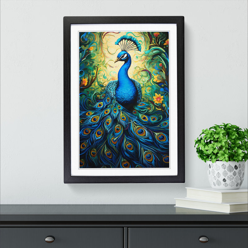 Peacock Action No.2 - Single Picture Frame Print on Wood, 46cm H x 34cm W x 2" D, Black Framed