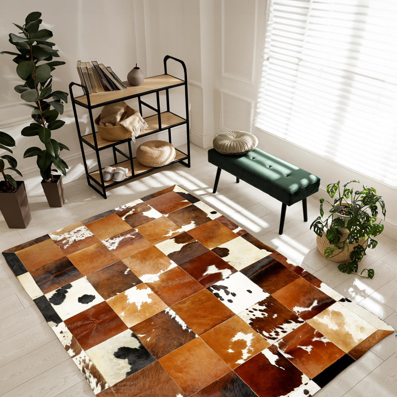 Tapis patchwork en cuir de vache véritable fait à la main - Tapis en cuir naturel tricolore, Tapis de couloir 2 pi x 6 pi