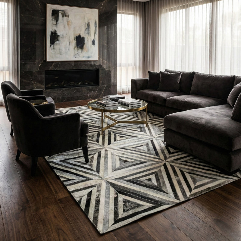 Tapis en cuir fabriqué à la main à motif géométrique, tapis de luxe moderne, noir et gris sur mesure, Rectangle 10 pi x 14 pi