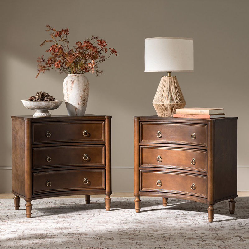 Gillianne 26"W 3-Drawer Curved Silhouette End Table with Built-in Charging Station and Simple Assembly Set of 2, Walnut