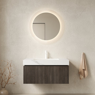 Meuble-lavabo 30 po, armoire de rangement en contreplaqué flottant avec tiroir et porte, comptoir en pierre frittée gris clair et lavabo en céramique avec 1 trou de robinet pré-percé, pré-assemblé, couleur grain de bois espresso