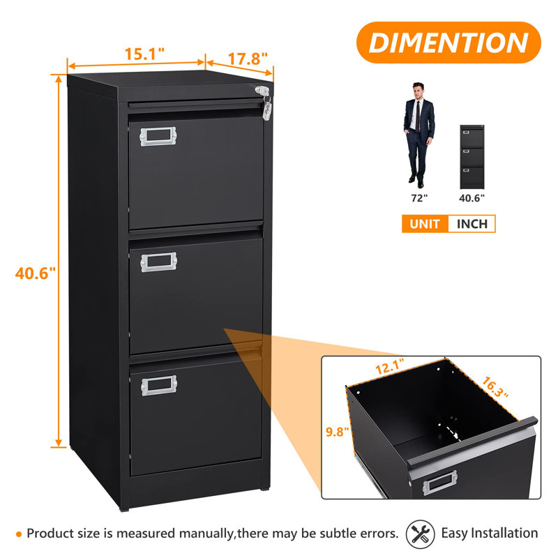Hougabook 15.1'' Wide 3 -Drawer Steel File Cabinet, Black