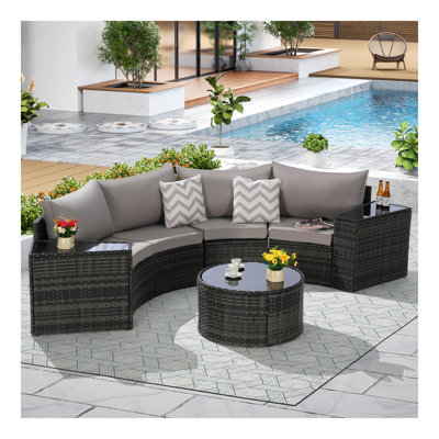 Outdoor Patio Furniture 7-Piece Half-Moon Sectional Round Patio Furniture Set Sofa with Tempered Glass Round Coffee Table