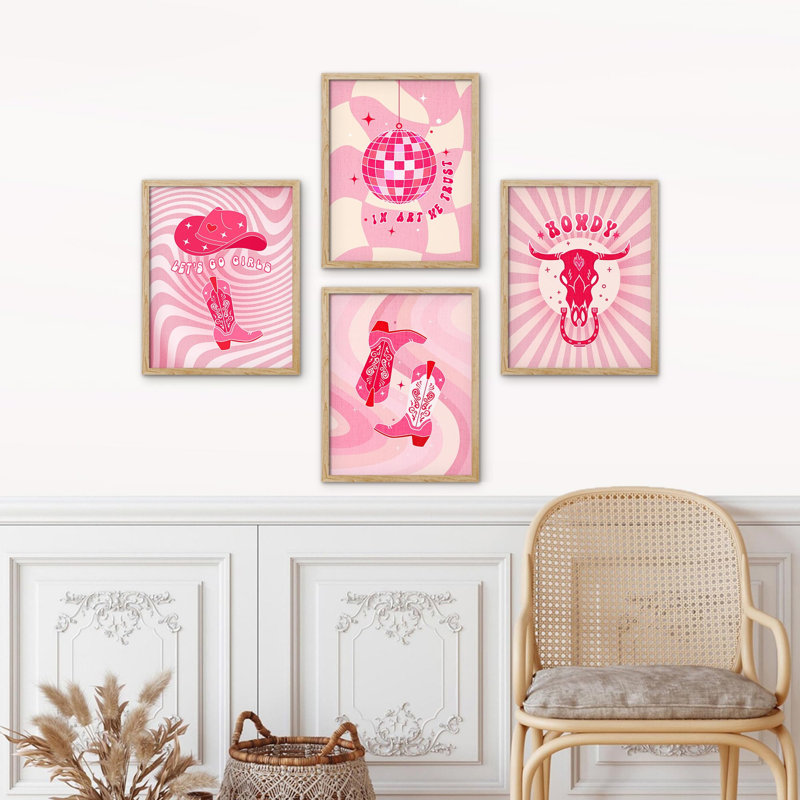 «Pink Cloud Cow Fish Collages Shapes», impression encadrée sur papier, 4 pièces, H 16 po x l 12 po, Naturel
