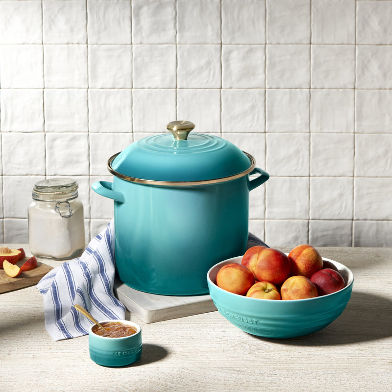 Le Creuset Enamel-On-Steel Stockpot With Gold Rim, 12 Qt. - Bleu Riviera