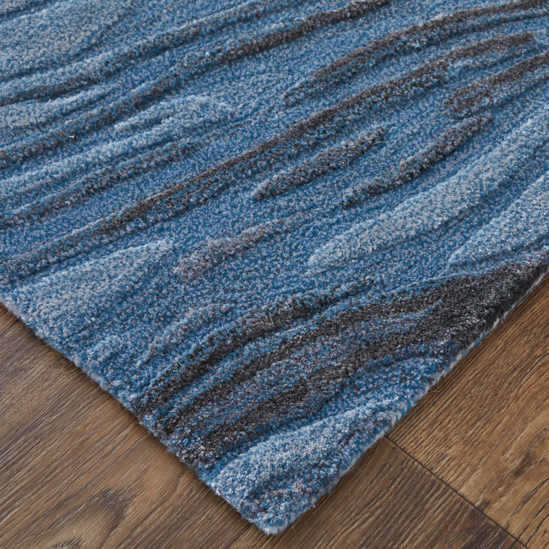 Kawai Hand Tufted Wool/Viscose Abstract Area Rug in Blue/Gray/Black, Rectangle 10' x 14'