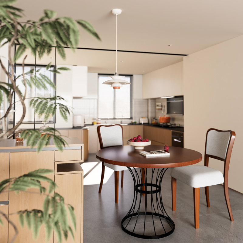 Table ronde en chêne de 42 po et 2 chaises rembourrées, surface en grattoir, base en fer robuste pour les repas dans la cuisine avec teinture frottée à la main, petite pièce confortable et mate