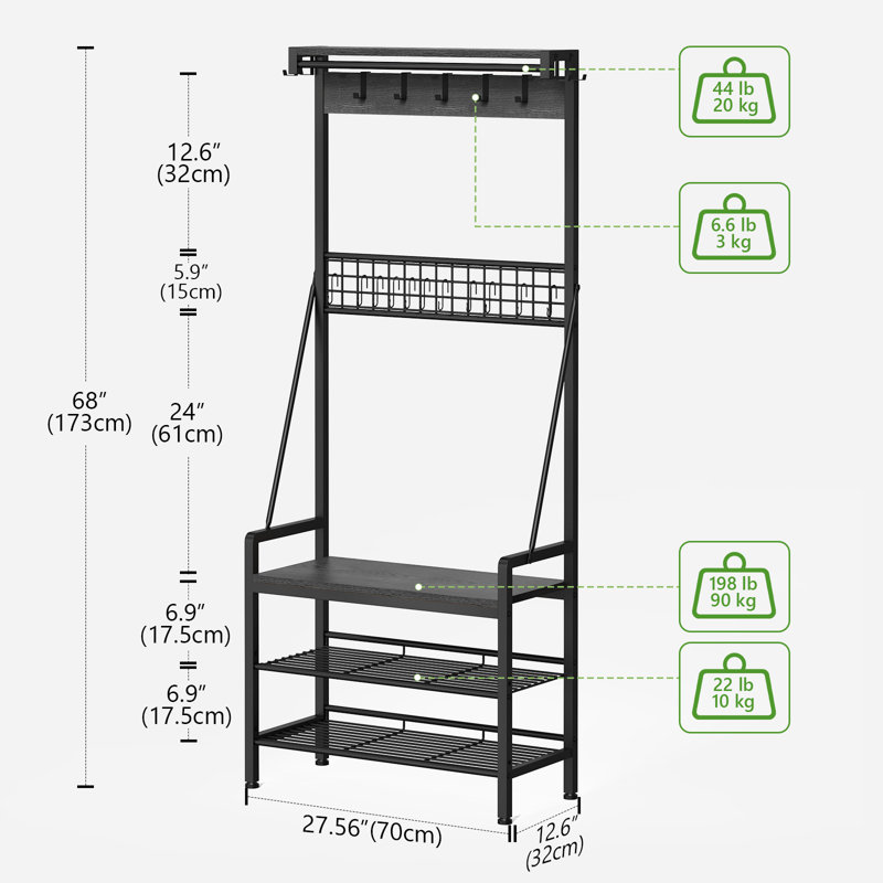 Arbre d'entrée de 27,56 po de largeur avec banc et rangement pour chaussures Benjamin, Gris