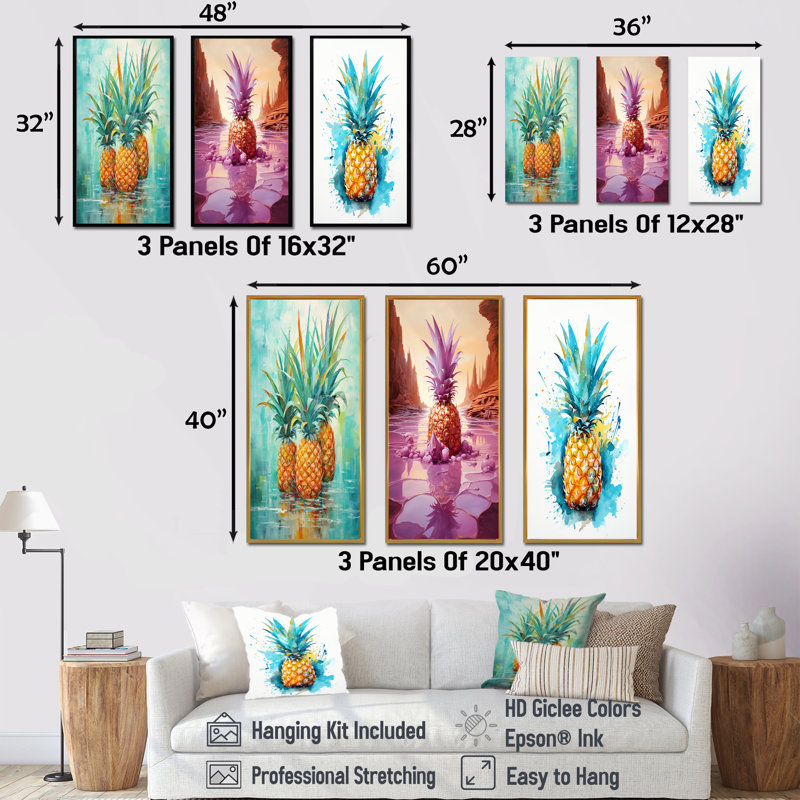 «Exotic Pineapple Oasis», ensemble de 3 reproductions d'art mural ananas, H 40 po x l 60 po, Cadre flottant brun