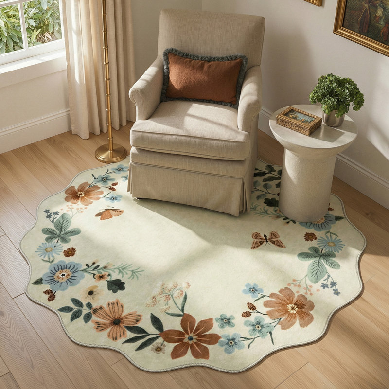 Garbrand Machine Washable Floral Farmhouse Area Rug with Non-Slip Backing for Living Room, Dining Room, Bedroom, Round 5'