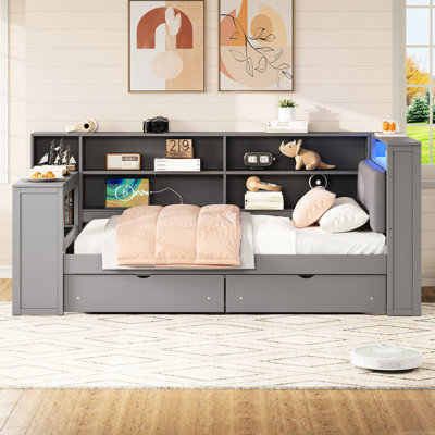Wood Twin Platform Bed With Upholstered Headboard, Storage Shelves, 2 Drawers, Charging, Led And Desk, Grey Shade Blend Platform, Storage, Charging Station, Lights, Built - In Shaded Design