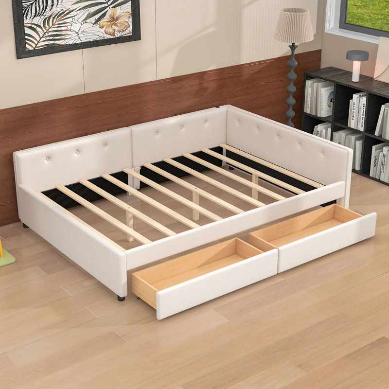 Lit plateforme tapissier à deux tiroirs avec port USB, Double